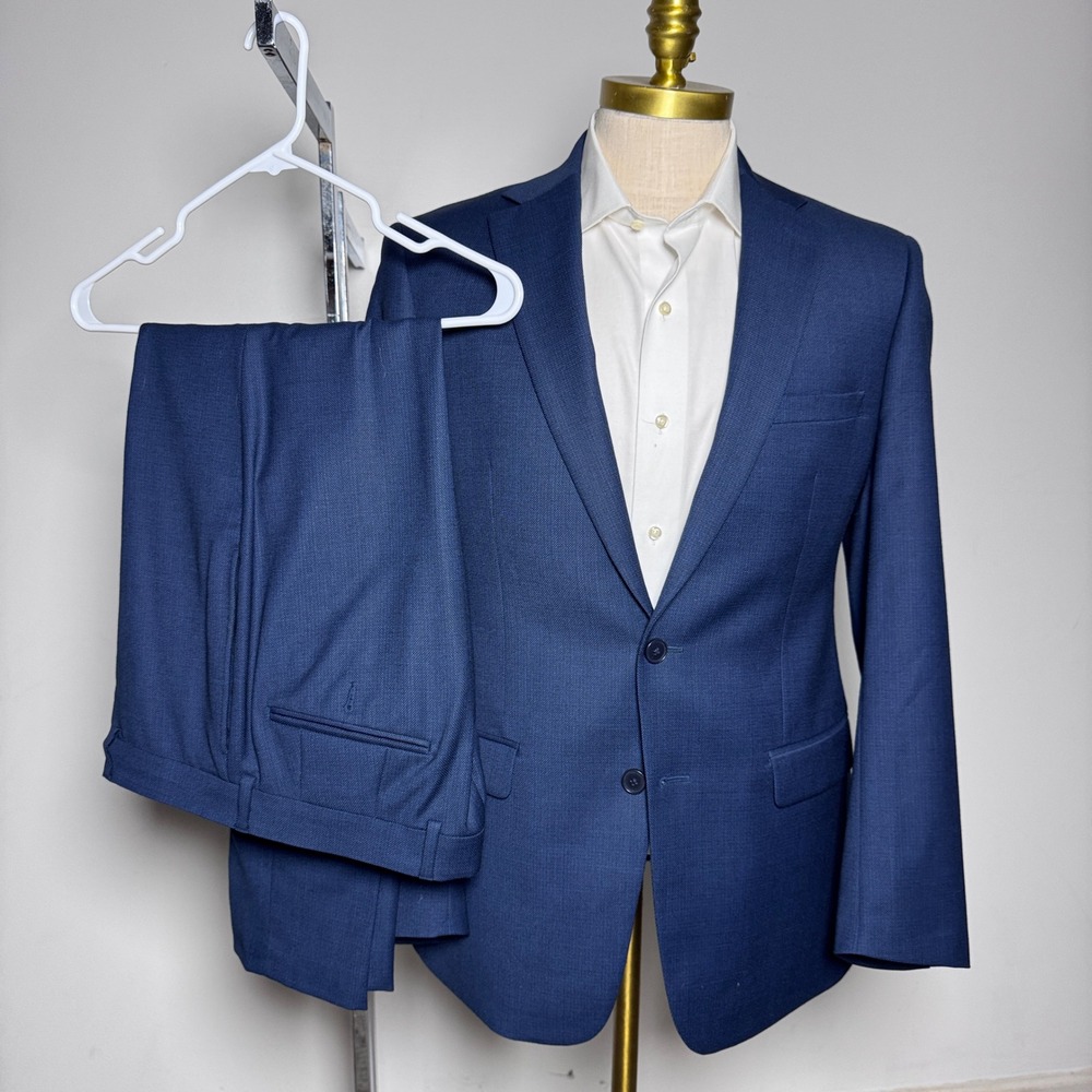 Calvin Klein Suit Mens 42R 34W Blue Solid Wool Two Button Modern Fit Business